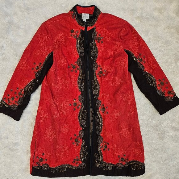 Chico's Women's Berry Red Heritage Beaded Coji Jacket Beaded Trim Size 2 - Picture 2 of 11